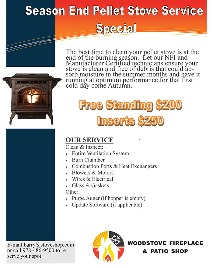 Woodstove Fireplace Shop & Patio, MA - Pellet Stove Service Cleaning Special